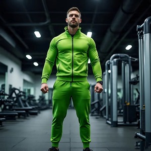 Survêtement vert pour homme, coupe longue, couleur unie, style sportif, col montant, fermeture éclair, poches latérales, respirant, en polyester, idéal pour l'automne - Product Image 3