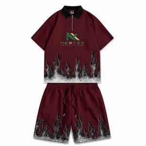 Custom <b>Men</b> Flame Print Half <b>Zip</b> Polo Shirt <b>Shorts</b> Set 2 Piece Summer Streetwear Hip Hop Outfit Casual Active Wear Clothes - Product Image 3
