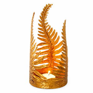 Portavelas de metal artesanal con diseño de hoja de helecho dorada para velas de té, soporte botánico para velas votivas, ideal para centros de mesa de boda y decoración festiva del hogar. - Product Image 1