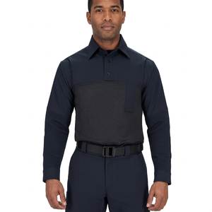 Polo à manches longues pour homme, couleur unie, avec poche, anti-plis, en polyester tissé, coupe classique - Product Image 5