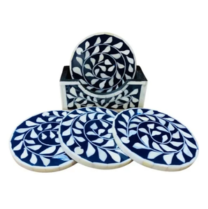 Sous-verre en os incrusté, design de luxe rond bleu et blanc, style oriental, antidérapant, 300 mm avec support - Product Image 1