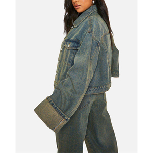 Chaqueta vaquera de mezclilla para mujer, estilo camionero, manga larga, cuello vuelto, cierre de botones, corte recortado, estilo otoñal, abrigo de algodón tejido - Product Image 6