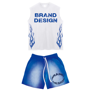 Men's White Sleeveless Tank <b>Top</b> and Blue Gradient Shorts Set Breathable Casual Summer Wear Polyester Cotton - Product Image 1