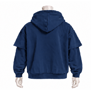 <b>Navy</b> Blue Double Layer Hoodie Oversized Short Sleeve Overlay Long Sleeve Pullover Vintage Streetwear Casual Hooded <b>Sweatshirt</b> - Product Image 2