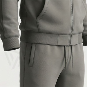 Survêtement gris à capuche pour homme, fermeture éclair intégrale, couleur unie, vêtements de sport décontractés avec poches latérales, coupe classique, pour l'automne - Product Image 5