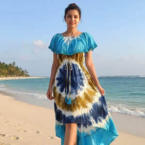 Vestido de Playa de Verano Azul Turquesa con Estampado Tie Dye, Cuello con Volantes, Algodón, Estilo Boho, Artesanal, para Vacaciones - Product Image 5