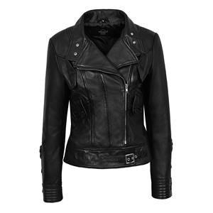 Chaqueta de Motociclista de Cuero Genuino de Cordero para Mujer, Corte Ajustado, Cierre Asimétrico, Fabricación Personalizada OEM ODM - Product Image 1