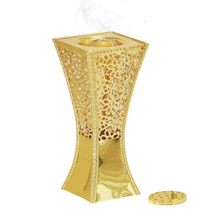 Quemador de Incienso Cuadrado de Metal Dorado con Filigrana, Estilo Indio, con Tapa - Product Image 5