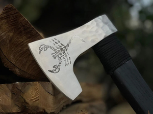 Handmade Carbon Steel Wood Carving <b>Axe</b>, Scorpion Engraved Beech <b>Handle</b>, Leather Sheath - Product Image 2