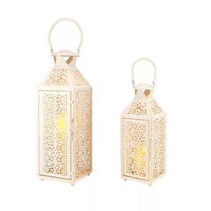 White Square Metal <b>Lantern</b> <b>Set</b> 2 Piece Decorative Candle Holder with Intricate Cutout Design for Home Decoration - Product Image 5