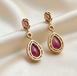 Pendientes de granate Hydro Round & Pear Drop de 8 mm |   Pendientes de Plata de Ley 925 Chapados en Oro de 18K, Joyería India Vintage a Precio de Mayoreo - Product Image 2