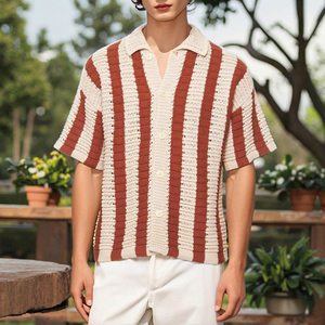 Chemise décontractée à manches courtes en toile tricotée rayée pour homme, boutonnée, respirante, coupe classique, motif noir et blanc - Product Image 5