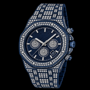 Reloj Cronógrafo Azul Marino con Incrustaciones de Piedras, Brazalete Completo con Piedras, Estilo Hip Hop de Lujo, Diseño de Reloj de Pulsera para Hombre - Product Image 2