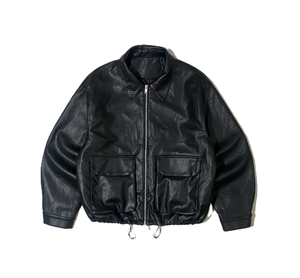 <b>Men's</b> Black Wrinkled Leather <b>Jacket</b> Point Collar Double Flap Pockets Drawstring Hem Oversized Streetwear Zip up Coat - Product Image 3