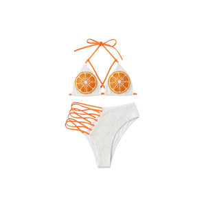 Conjunto de bikini triangular con cuentas naranjas y parte inferior con corte en forma de escalera, conjunto de bikini de dos piezas para mujeres y niñas, traje de baño con escote halter - Product Image 1