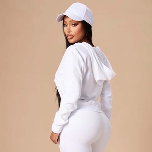 <b>Women's</b> White Hooded <b>Zip</b>-<b>Up</b> Sweatshirt Full Sleeve Knitted 100% Cotton Solid Color Spring Wear - Product Image 2