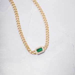 กำไลข้อมือทรงวงแหวนมรกต โซ่คิวบา เงินแท้ 925 ชุบทอง 14K พลอยประจำเดือนพฤษภาคม ของขวัญสำหรับเธอ - Product Image 1