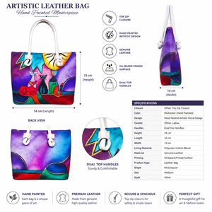 Bolso Tote de Cuero Genuino Pintado a Mano con Diseño Artístico de Gato, Bolso de Hombro Mediano para Mujer con Cierre Superior de Cremallera - Product Image 5