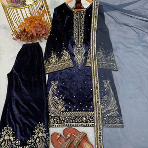 Conjunto de Top de Terciopelo de Viscosa Pesado con Bordado de Lentejuelas, Pantalón Palazzo y Dupatta de Organza para Mujer, Traje de Diseñador Cosido - Product Image 1