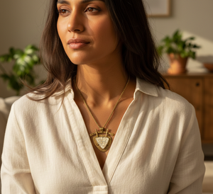 Collar con Colgante de Escudo Texturizado de Mosaico de Hueso Hecho a Mano con Cadena Dorada de Moda en Forma de Corazón para Fiesta - Product Image 4