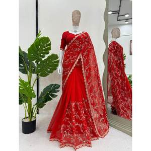 DESIGNER TABBY SILK CODING SEQUENCE WORK SAREE WITH UNSTITCHED <b>BLOUSE</b> <b>RED</b> - Product Image 1