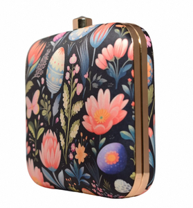 Elegant Floral Print Clutch Black Metal <b>Frame</b> Hard Case Premium Satin Fabric with Raw Silk Interior Decorative Lock - Product Image 3