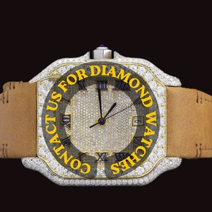 Reloj de Lujo con Diamantes Moissanite, Caja Cuadrada Personalizada, Esfera con Números Romanos, Correa de Cuero Amarillo, Estilo Clásico - Product Image 1