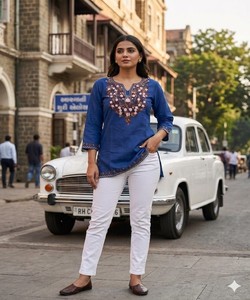 Kurta Azul de Algodón para Mujer con Bordado, Estilo Casual de India y Pakistán, Tradicional para Todas las Temporadas 85435- BLUESTAR- BS...160 - Product Image 1