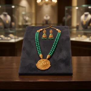 Traditional Temple Wedding Gift Jewelry Set Green Beaded Gold Plated Brass Necklace and Earrings Antique Style <b>for</b> Women - Product Image 1