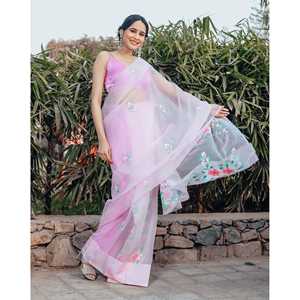 ผ้าซารีออร์แกนซ่าสุดหรู รุ่นเอเลียนา สีชมพู สำหรับงานแต่งงาน งานเลี้ยง งานรับปริญญา คอลเลคชั่นดีไซเนอร์สำหรับผู้หญิง ส่งออก - Product Image 4