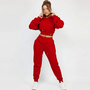 Conjunto de Sudadera Corta Roja y Pantalones Jogger para Mujer, Ropa Casual Urbana, Color Sólido, Manga Larga, Transpirable, Tejido de Punto, 100% - Product Image 5