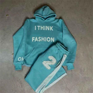 Custom Streetwear Cotton Sweatsuit Cut <b>Sew</b> Applique Distressed Embroidery Patch Cropped Hoodie and Sweatpants <b>Set</b> Tracksuits - Product Image 6