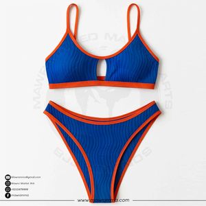 Mawra new Women Blue Orange Trim <b>Bikini</b> <b>Set</b> 2 Piece Plunge Neck Hollow Out Stretch Swimwear Hipster Bottoms For Women - Product Image 4