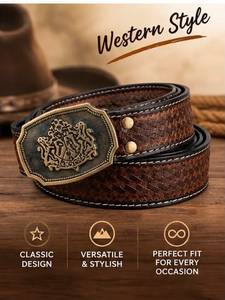 Ceinture en cuir western sculptée à la main avec une boucle ornée d'un motif géométrique d'inspiration vintage et d'un design durable. - Product Image 3