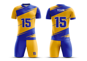 Tenue de football sublimée jaune et bleue pour homme adulte, respirante en polyester, service OEM - Product Image 5