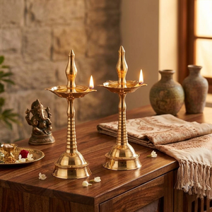 Traditional Brass Kuthu Vilakku Pillar <b>Oil</b> <b>Lamps</b> Pair Designer Hindu Pooja Stand Antique Gold Finish Home Temple Decor Products - Product Image 4