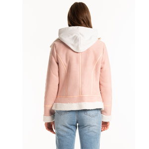 Women's Pink Faux Leather Bomber Jacket With <b>Fur</b> <b>Trim</b> Collar And Cuffs Winter Thick Windproof Coat - Product Image 3