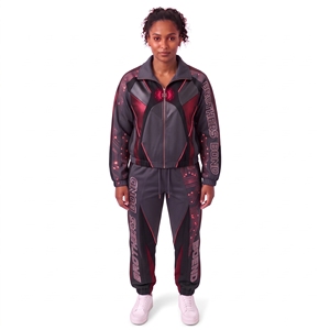 Conjunto deportivo personalizado para mujer, gris oscuro y rojo, con estampado gráfico futurista de circuitos, chaqueta deportiva y pantalones de chándal, conjunto informal deportivo. - Product Image 1
