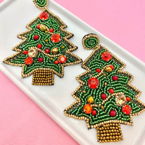 Handmade Beaded Christmas <b>Tree</b> Dangle Earrings for Women Festive Holiday Jewelry, Lightweight Statement hoop Earrings - Product Image 1