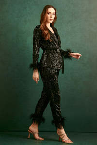 Ensemble pantalon et blazer pour femme, très résistant, orné de paillettes, avec ceinture à plumes, tenue deux pièces sexy pour club, manches longues - Product Image 3