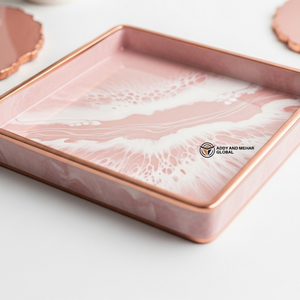 Plateau effet marbre rose design avec bordure dorée métallique |   Plateau de décoration moderne - Product Image 4