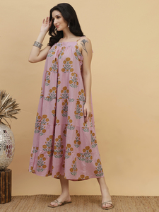 Floral Print <b>Boho</b> Midi <b>Dress</b> Sleeveless A-Line Loose Fit Cotton Bamboo Fiber <b>Summer</b> Casual <b>Dress</b> With Tiered Hem - Product Image 2