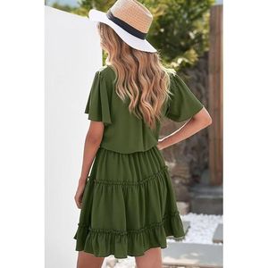 Abito Estivo da Donna in Chiffon Verde Scuro con Scollo a V e Maniche Corte, Vita Impero - Disponibile in Taglia Piccola, Stile Casual - Product Image 3