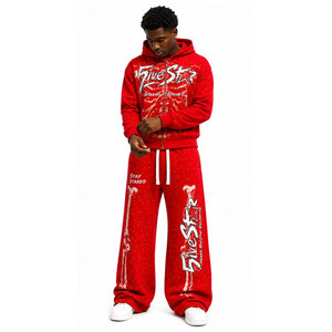 Conjunto Deportivo Rojo con Capucha para Hombre, Estilo Urbano, Cierre Completo, Corte Regular, Forro Polar de Invierno, Pantalones con Estampado Ecológico y Diseño de Estrella - Product Image 3