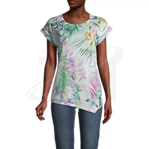 Camiseta Casual para Mujer con Estampado de Palmeras Tropicales y Adornos de Pedrería, Corte Regular, Primavera Verano, Tejido de Poliéster - Product Image 1