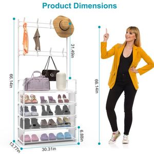 5 Tier Freestanding Shoe Storage Shelf Dustproof Entryway Hall Tree Coat Rack 8 Removable Hooks for Hat Clothes Organization - Product Image 6