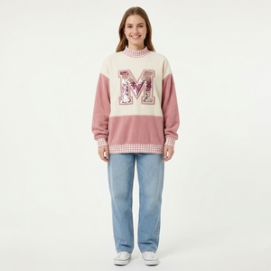 OEM Women Oversized Turtleneck Sweatshirt <b>Purple</b> Sequins Applique Glitter Letter Print Decoration Knitted Cotton Autumn Wear - Product Image 6