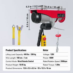"440lbs Electric <b>Hoist</b> with 14ft Wired Control for 110V Winch 40ft Cable 40ft Lifting Height-by Pu" - Product Image 6
