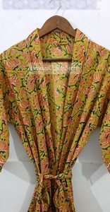 Kimono largo sin cuello para mujer con estampado indio a rayas, de manga larga, hecho a mano, para estar en casa, verano y primavera. - Product Image 3