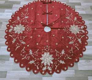 Handmade Velvet Christmas <b>Tree</b> Skirt Embroidered Poinsettia Snowflake Holiday Xmas <b>Tree</b> Base Cover Decor - Product Image 1